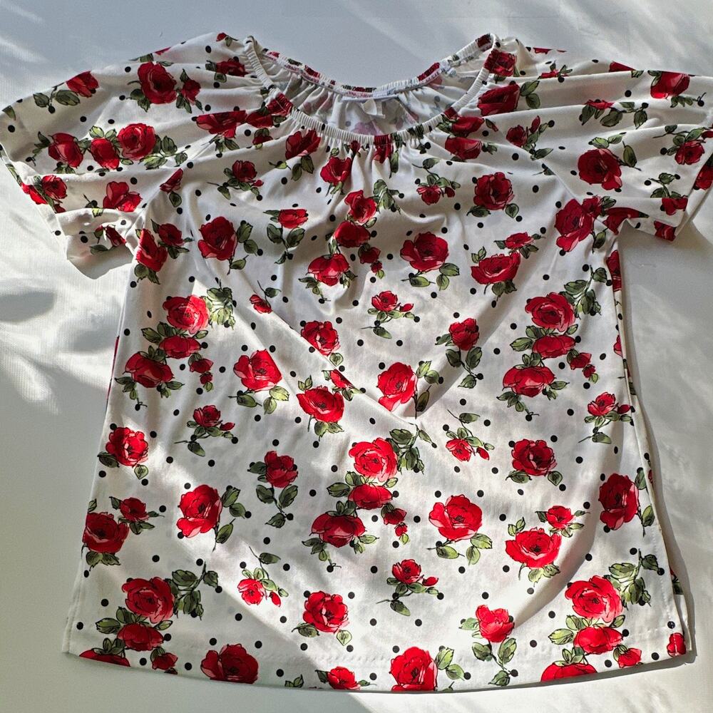 Blair Womens Blouse S White Floral Polka Dot Ruffle Short Sleeve Round Neck Rose